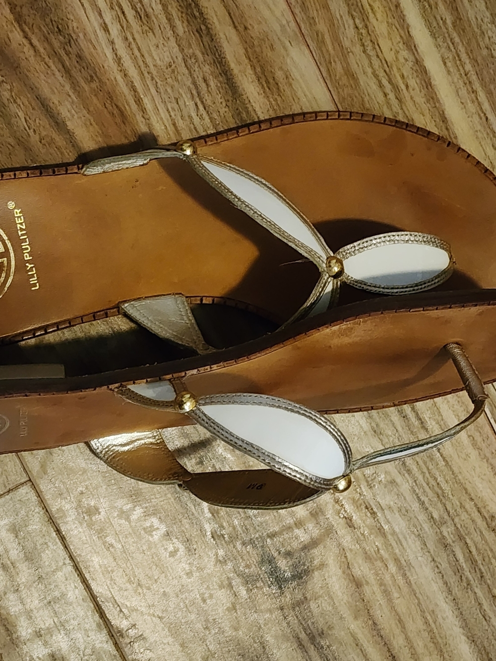 Lilly Pulitzer White and Gold Leather Thong Sandals - Picture 3 of 7